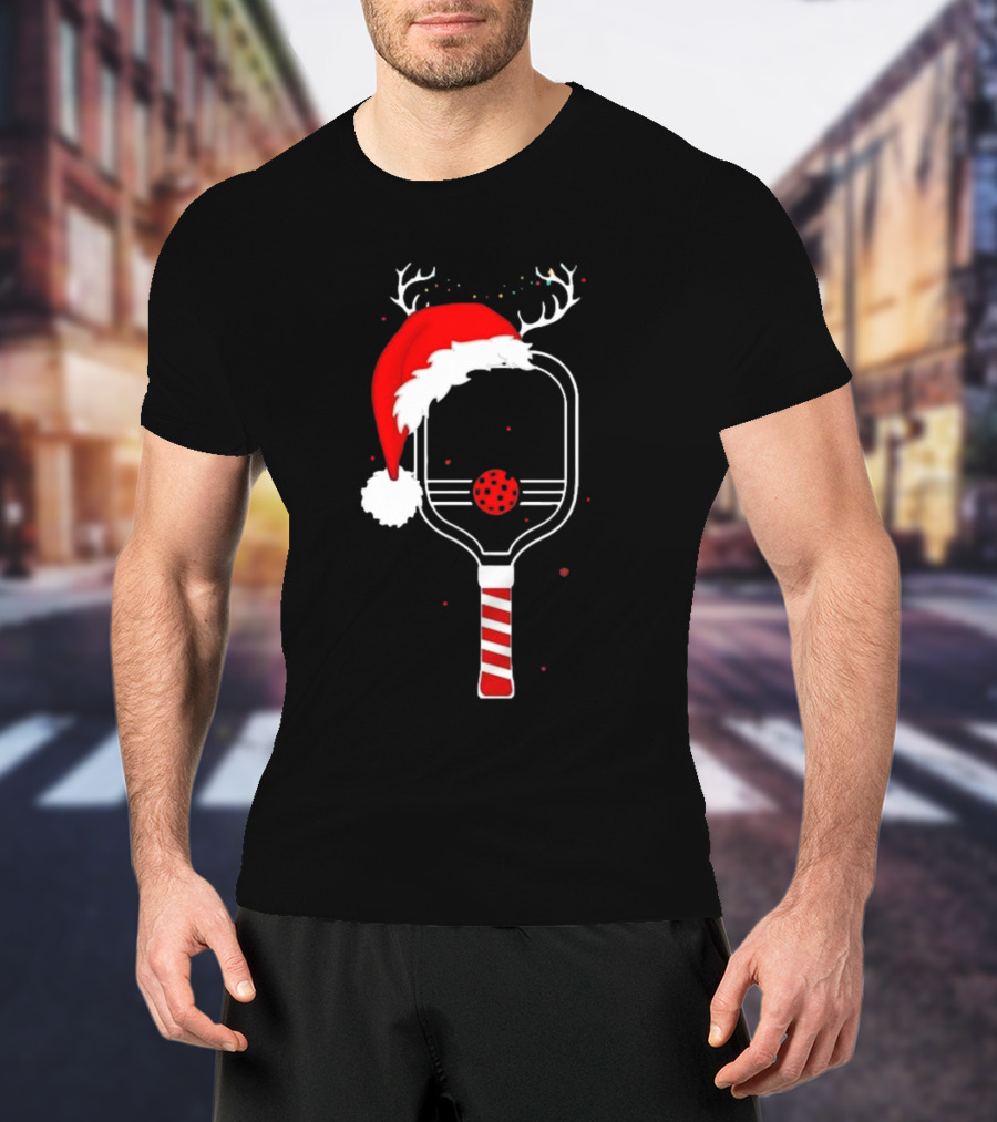 Pickleball Holiday Reindeer Santa Hat Christmas Paddle T-Shirt