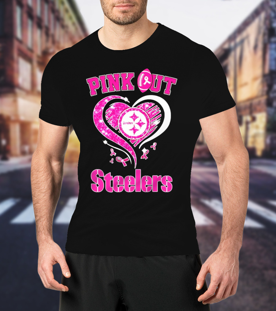 Pink Out Steelers Breast Cancer Heart Diamond T-Shirt