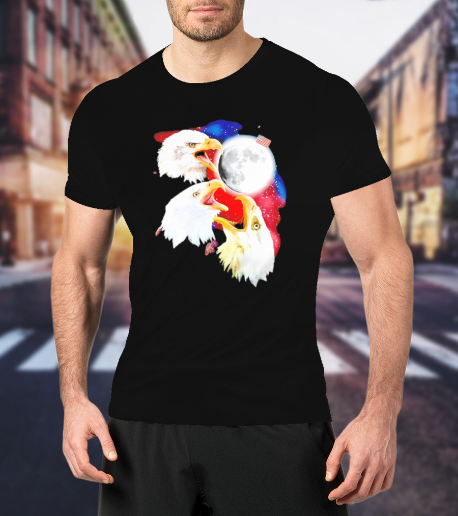 Three Eagles To The Moon American Flag Lunar Trio T-Shirt