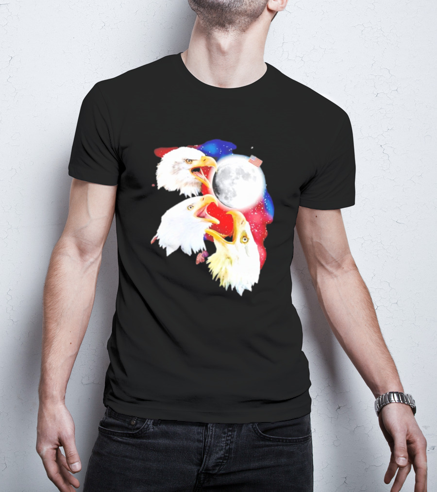 Three Eagles To The Moon American Flag Lunar Trio T-Shirt