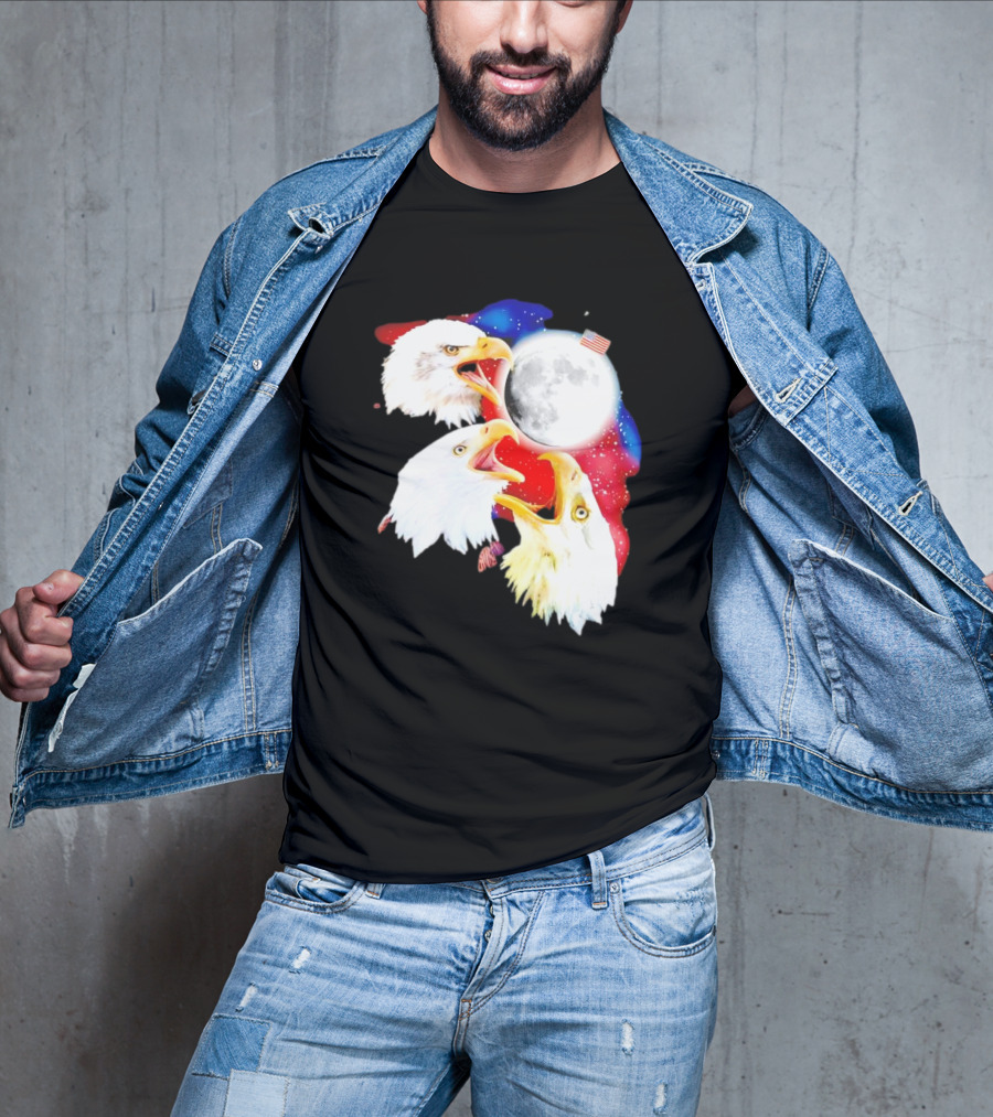 Three Eagles To The Moon American Flag Lunar Trio T-Shirt