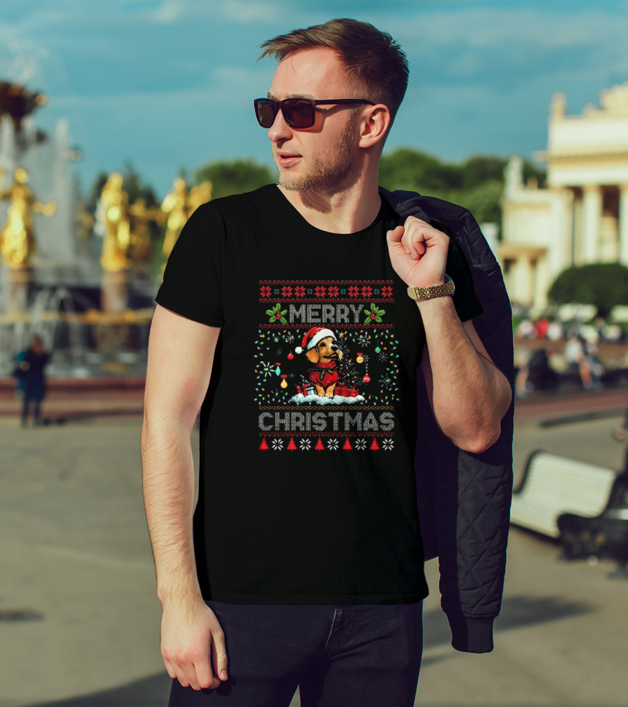 Merry Christmas Dachshund With Santa Hat And Holiday Lights Decorations Dog Lover Xmas T-Shirt