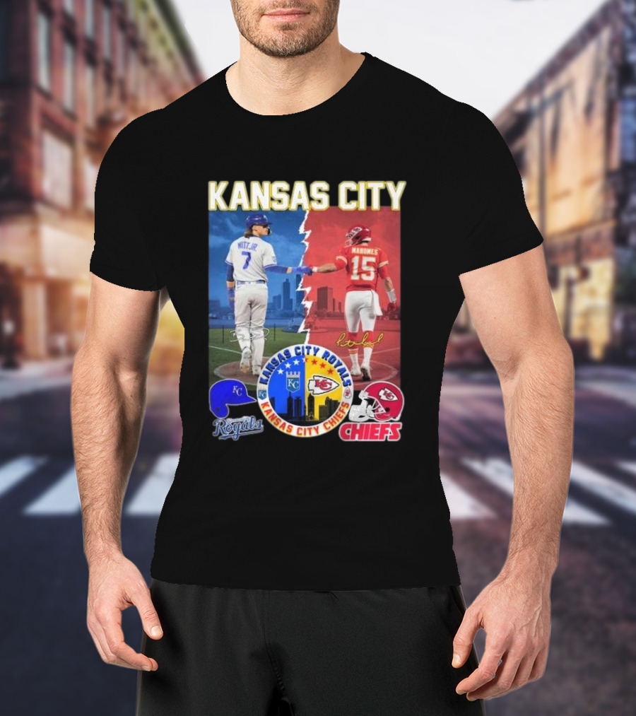 Kansas City Royals Bobby Witt Jr And Chiefs Patrick Mahomes Skyline Logos And Signatures T-Shirt