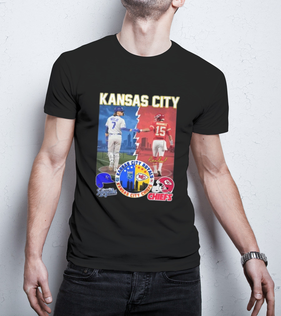 Kansas City Royals Bobby Witt Jr And Chiefs Patrick Mahomes Skyline Logos And Signatures T-Shirt