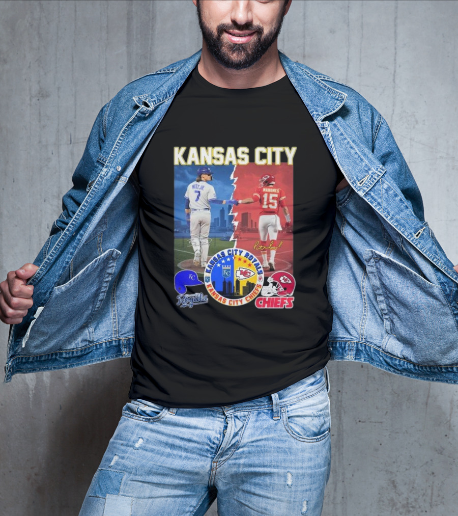 Kansas City Royals Bobby Witt Jr And Chiefs Patrick Mahomes Skyline Logos And Signatures T-Shirt