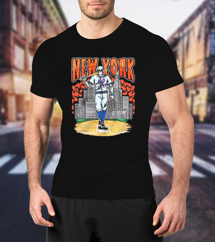 Reed Garrett New York Mets MLB Painting Skeleton Batter City Skyline T-Shirt