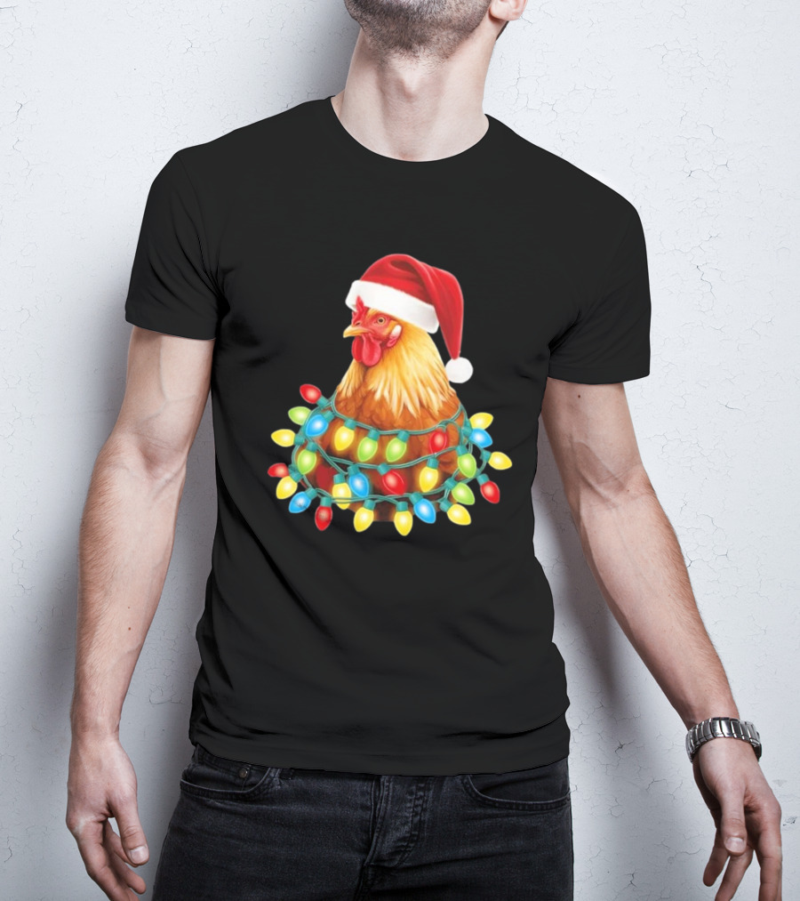 Santa Chicken Christmas Lights Festive Hilarious T-Shirt