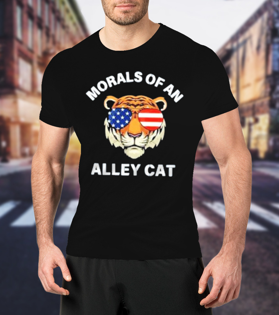 Morals Of An Alley Cat Tiger With American Flag Sunglasses T-Shirt