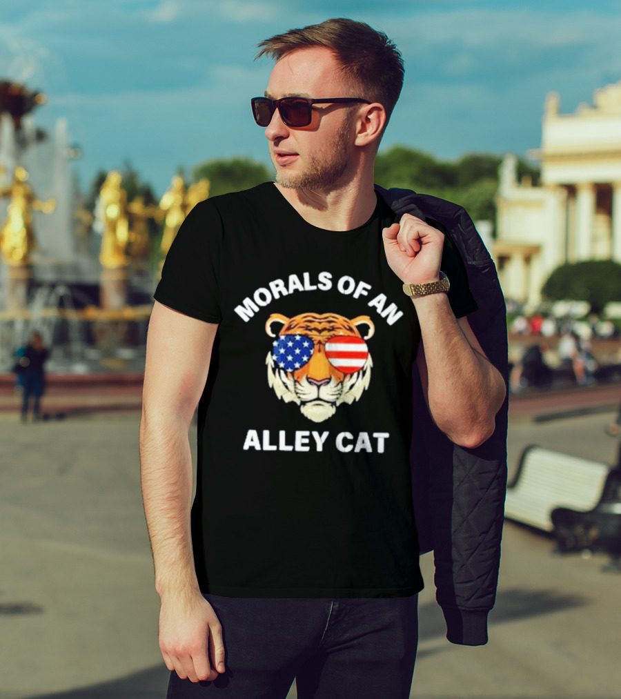 Morals Of An Alley Cat Tiger With American Flag Sunglasses T-Shirt