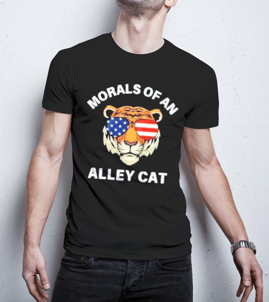 Morals Of An Alley Cat Tiger With American Flag Sunglasses T-Shirt