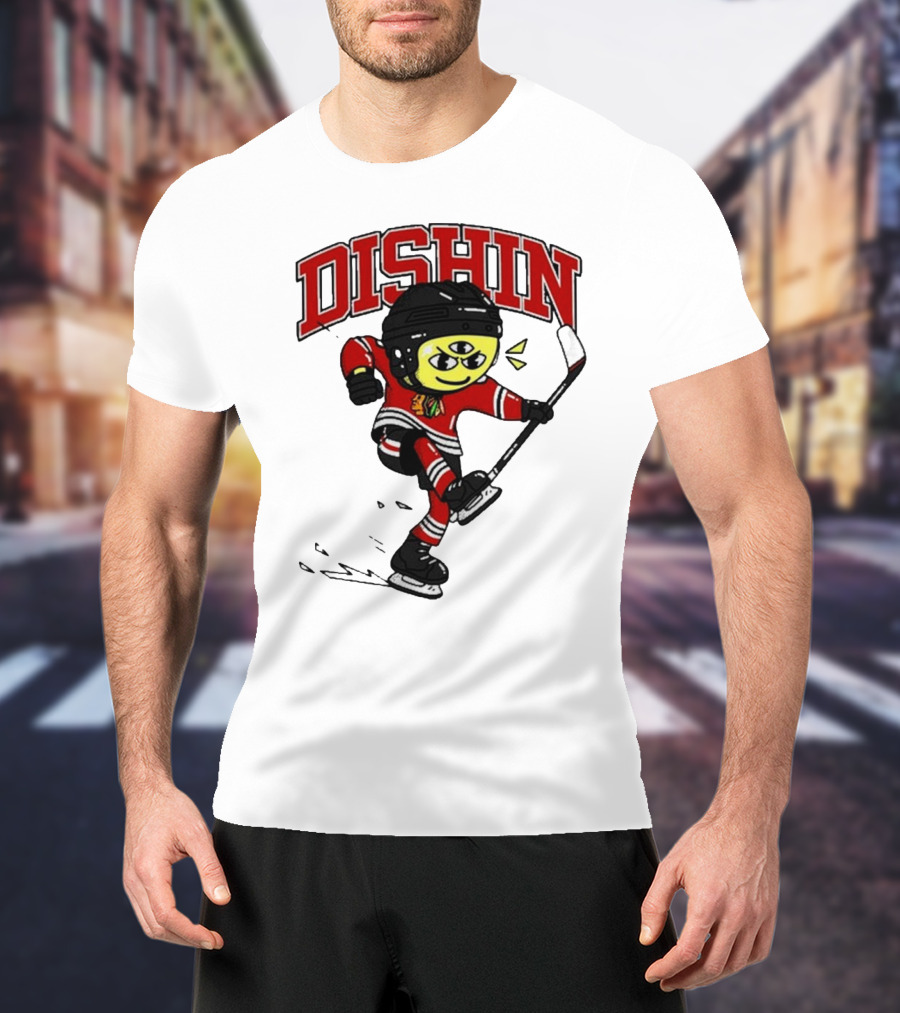 Chicago Blackhawks Just Dishin Hockey Player Cartoon Character Skating T-Shirt
