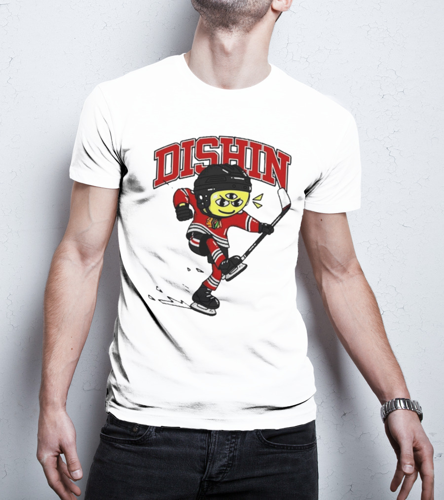 Chicago Blackhawks Just Dishin Hockey Player Cartoon Character Skating T-Shirt