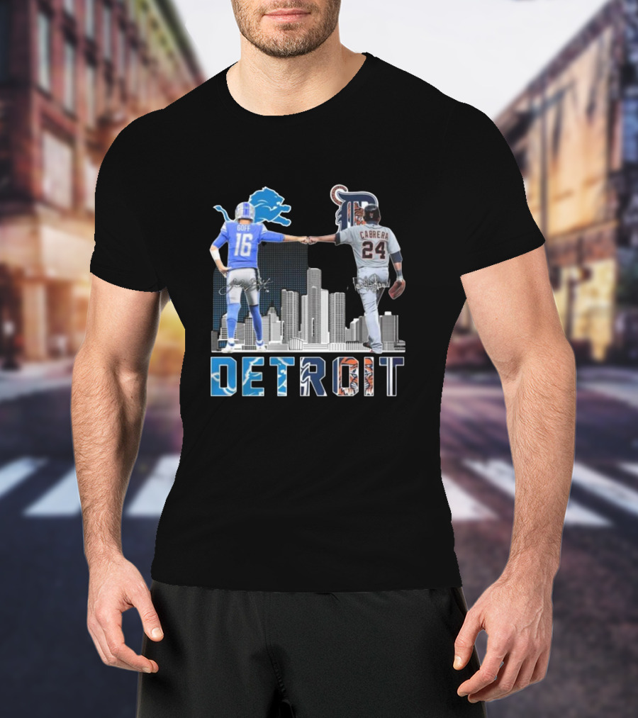 Detroit Lions Goff Tigers Cabrera Signatures Skyline T-Shirt