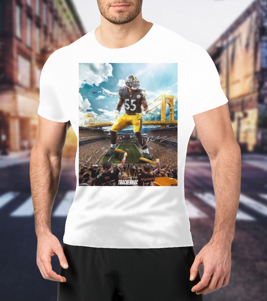 Thachermac Pittsburgh Steelers 55 Player In Stadium With Signature And Bridge Background T-Shirt