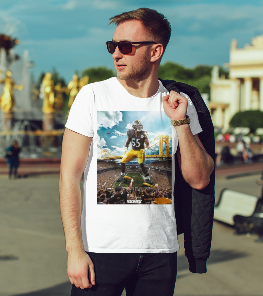 Thachermac Pittsburgh Steelers 55 Player In Stadium With Signature And Bridge Background T-Shirt