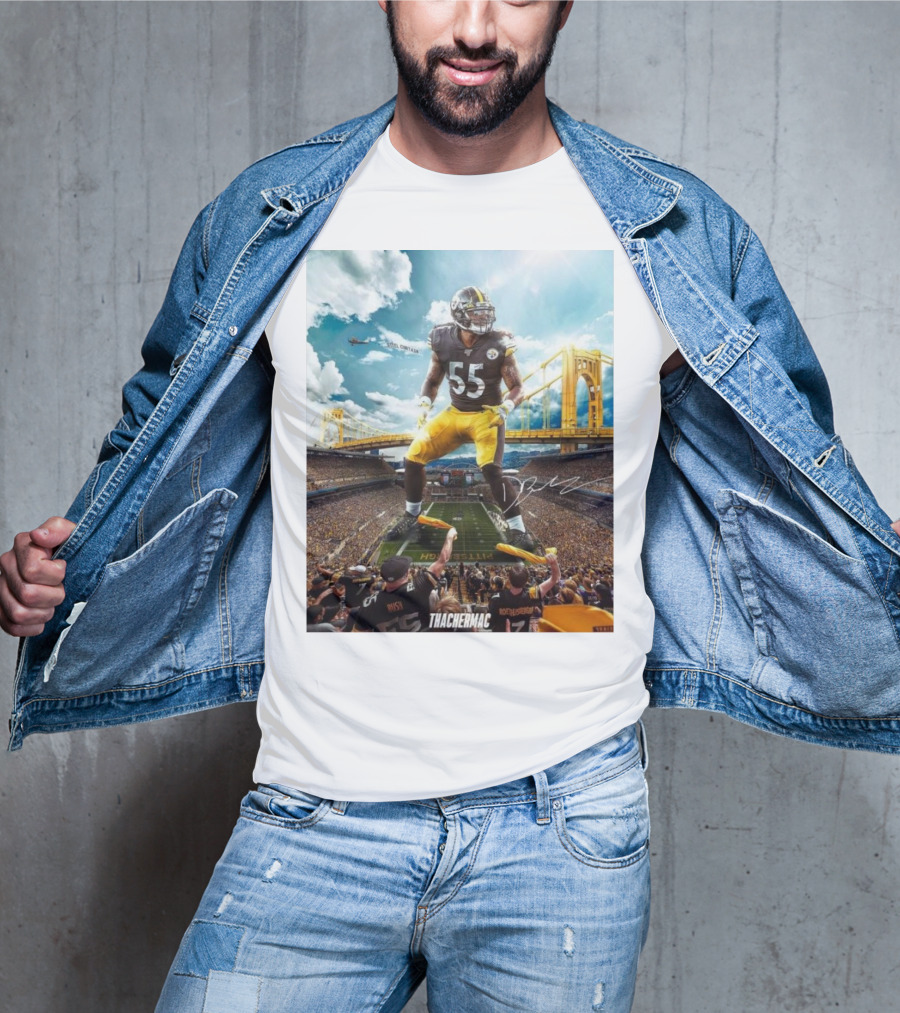 Thachermac Pittsburgh Steelers 55 Player In Stadium With Signature And Bridge Background T-Shirt
