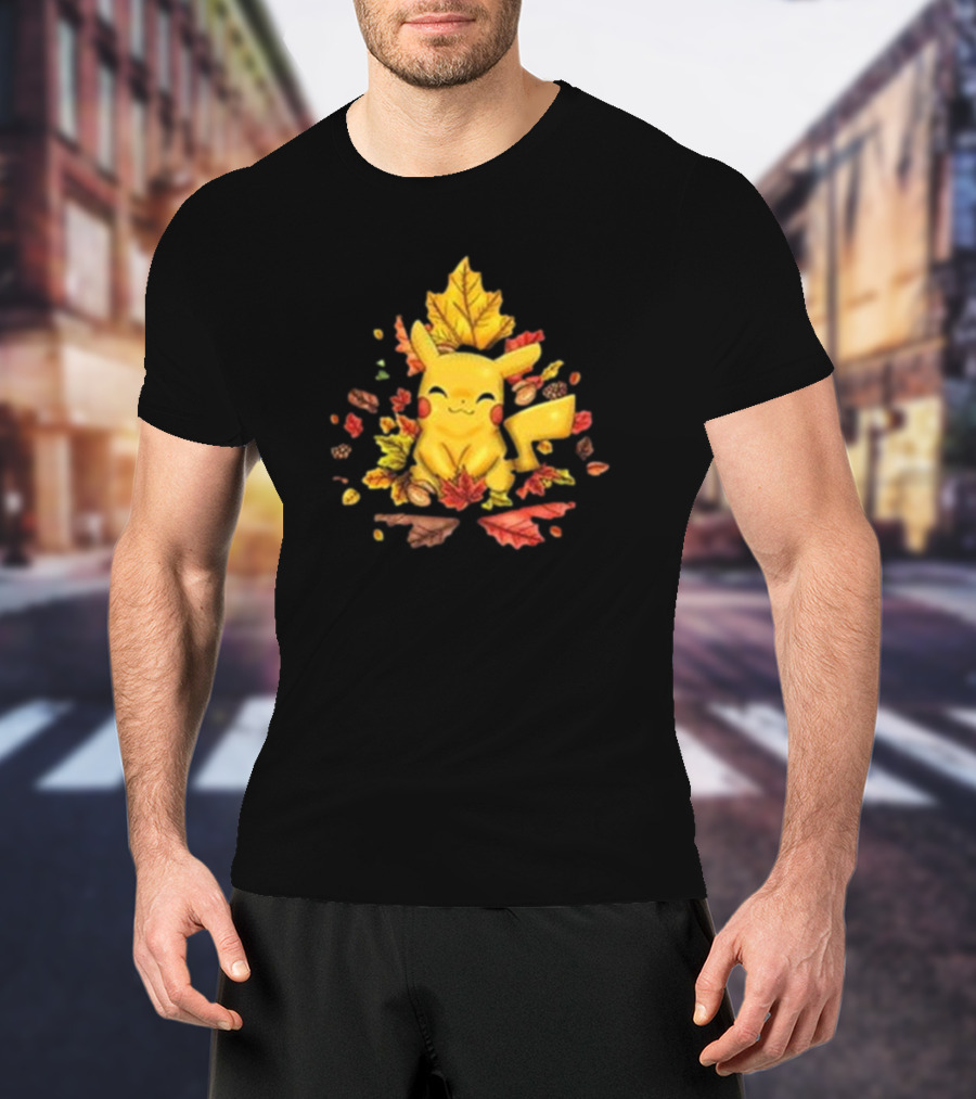 Pikachu Surrounded By Autumn Leaves And Acorns T-Shirt