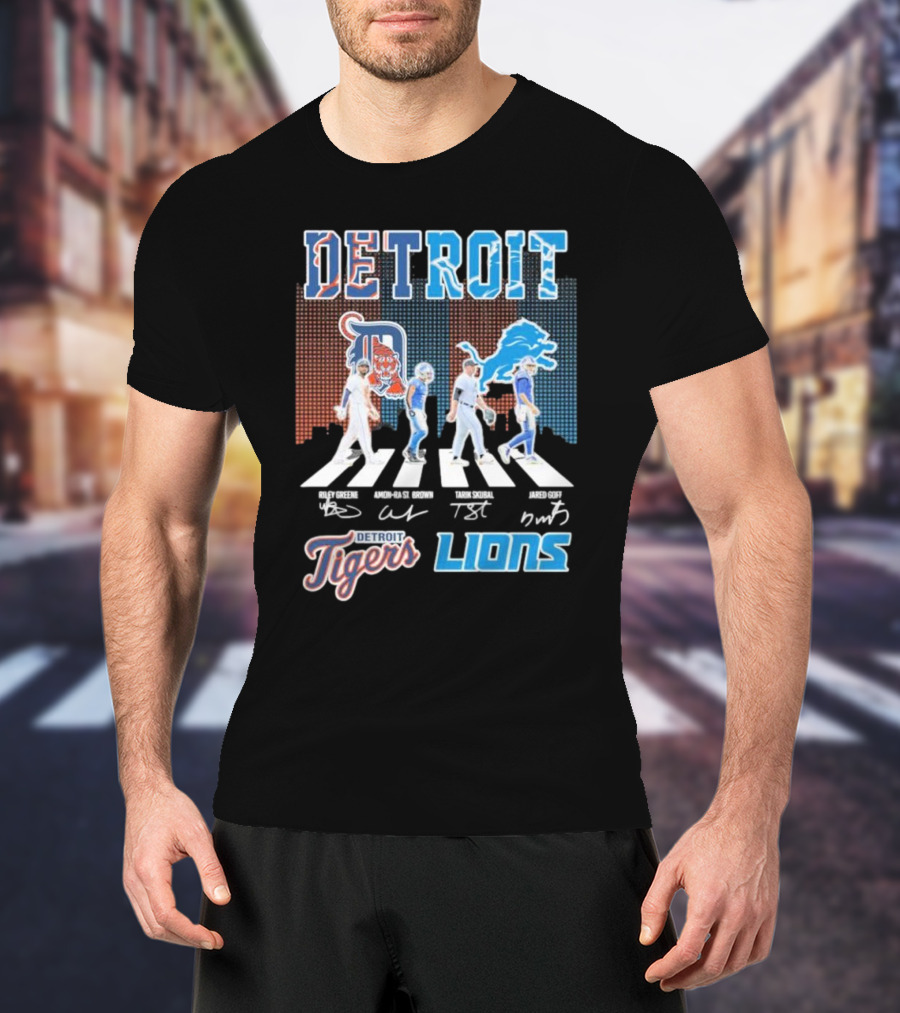 Detroit Lions Detroit Tigers Abbey Road Riley Greene Amon-Ra St. Brown Tarik Skubal Jared Goff Signatures T-Shirt