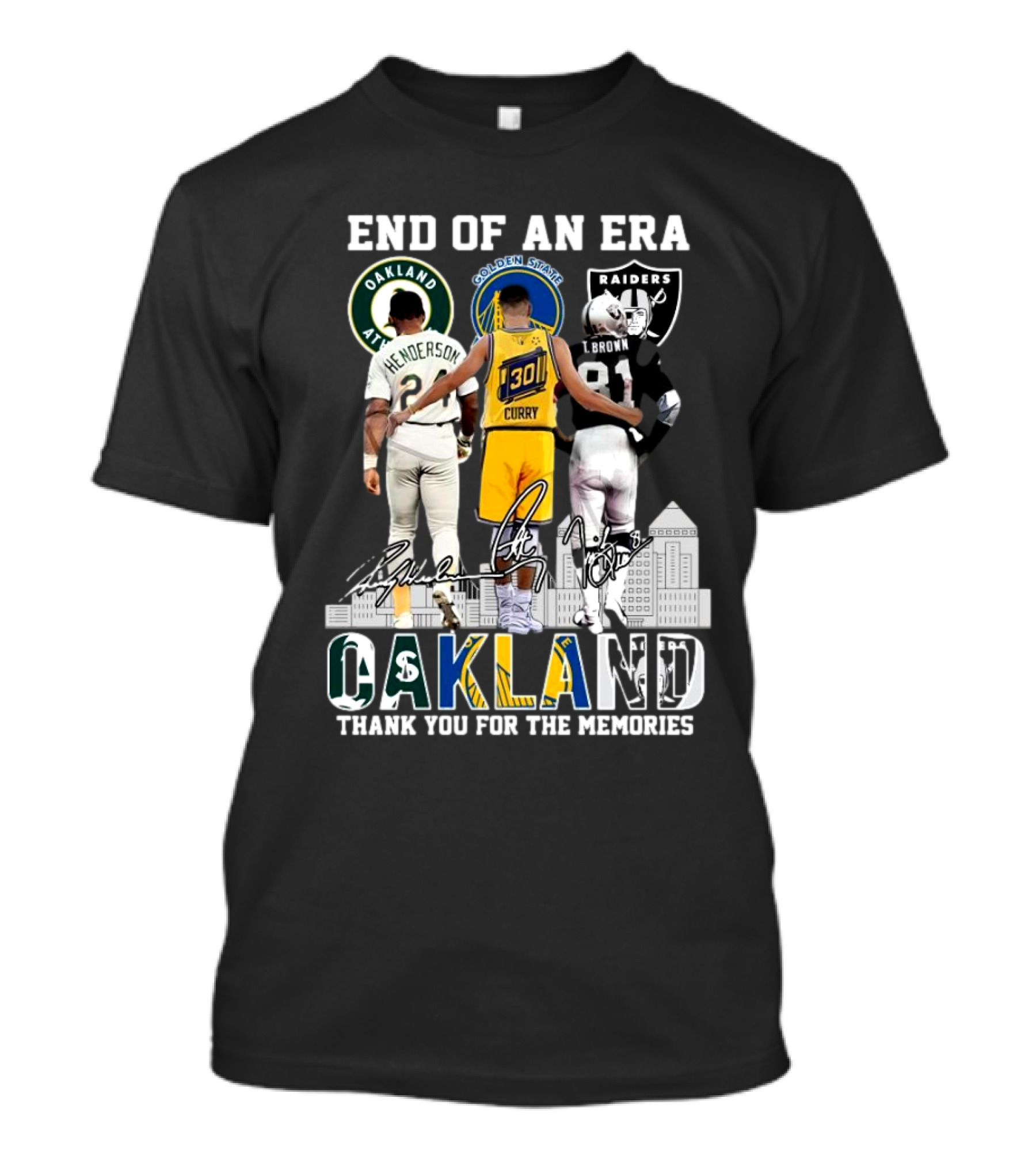 End Of An Era Oakland Henderson Curry Brown Thank You For The Memories Signatures T-Shirt