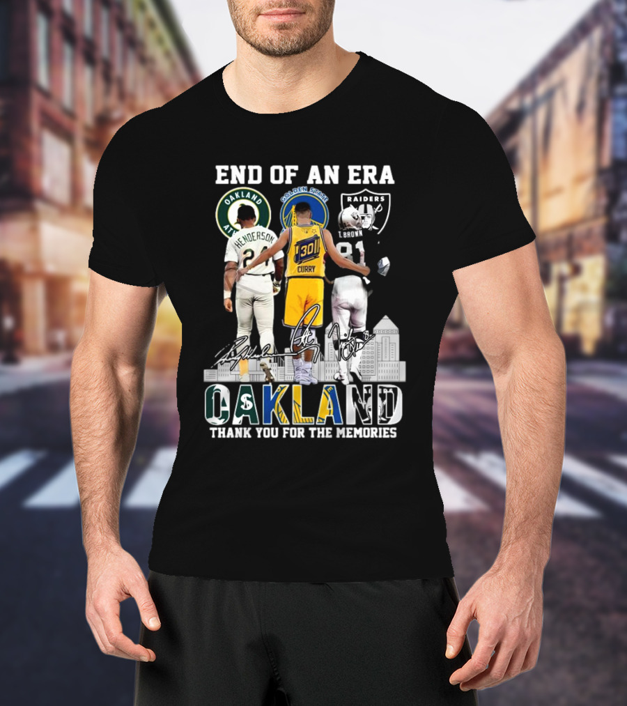 End Of An Era Oakland Henderson Curry Brown Thank You For The Memories Signatures T-Shirt