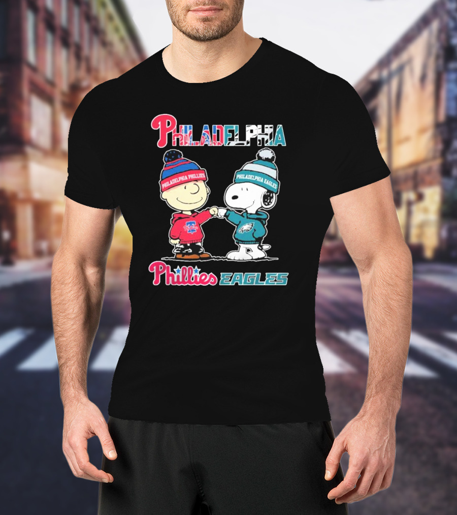Philadelphia Phillies Eagles Snoopy Charlie Brown Fist Bump Collaboration T-Shirt