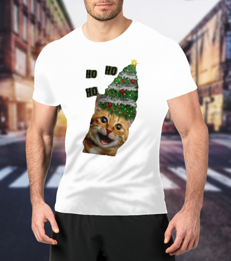 Cat With Christmas Tree Hat Ho Ho Ho Christmas T-Shirt