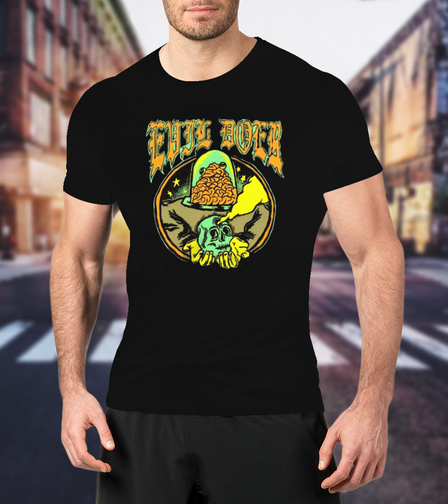 Evil Doer October Monster Skull And Brain In Jar T-Shirt