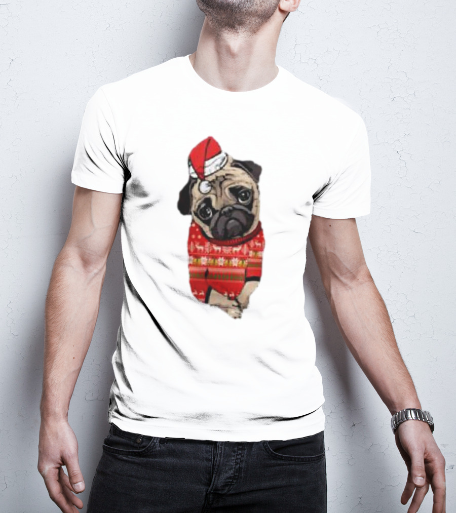 Lovely Pug Christmas Sweater Santa Hat Holiday T-Shirt