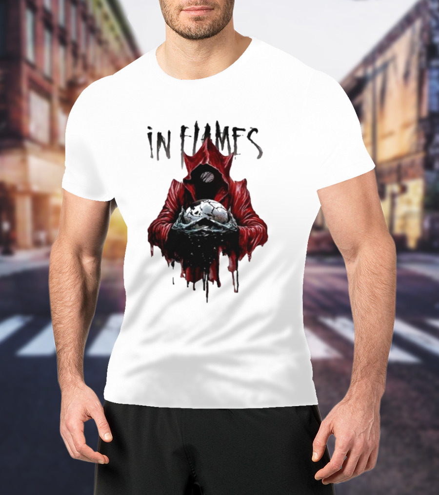 In Flames Siren Charms Red Hooded Figure Holding Cracked Mask T-Shirt