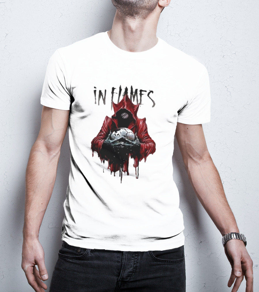 In Flames Siren Charms Red Hooded Figure Holding Cracked Mask T-Shirt