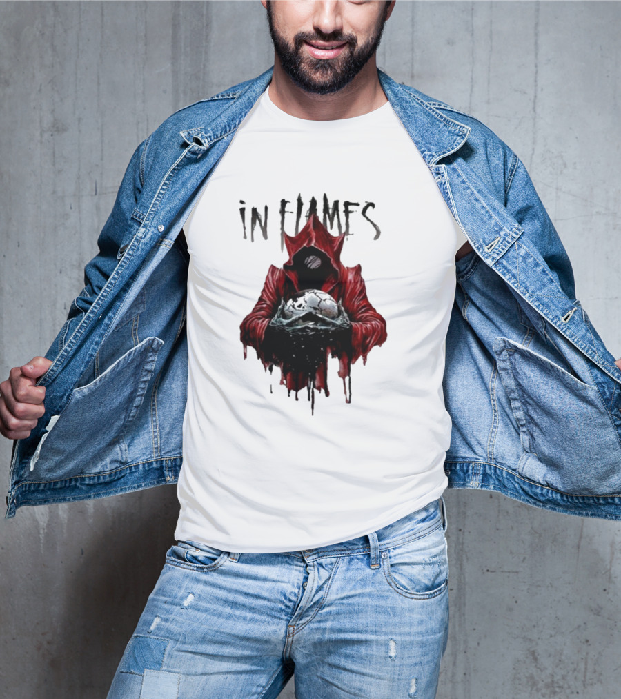 In Flames Siren Charms Red Hooded Figure Holding Cracked Mask T-Shirt