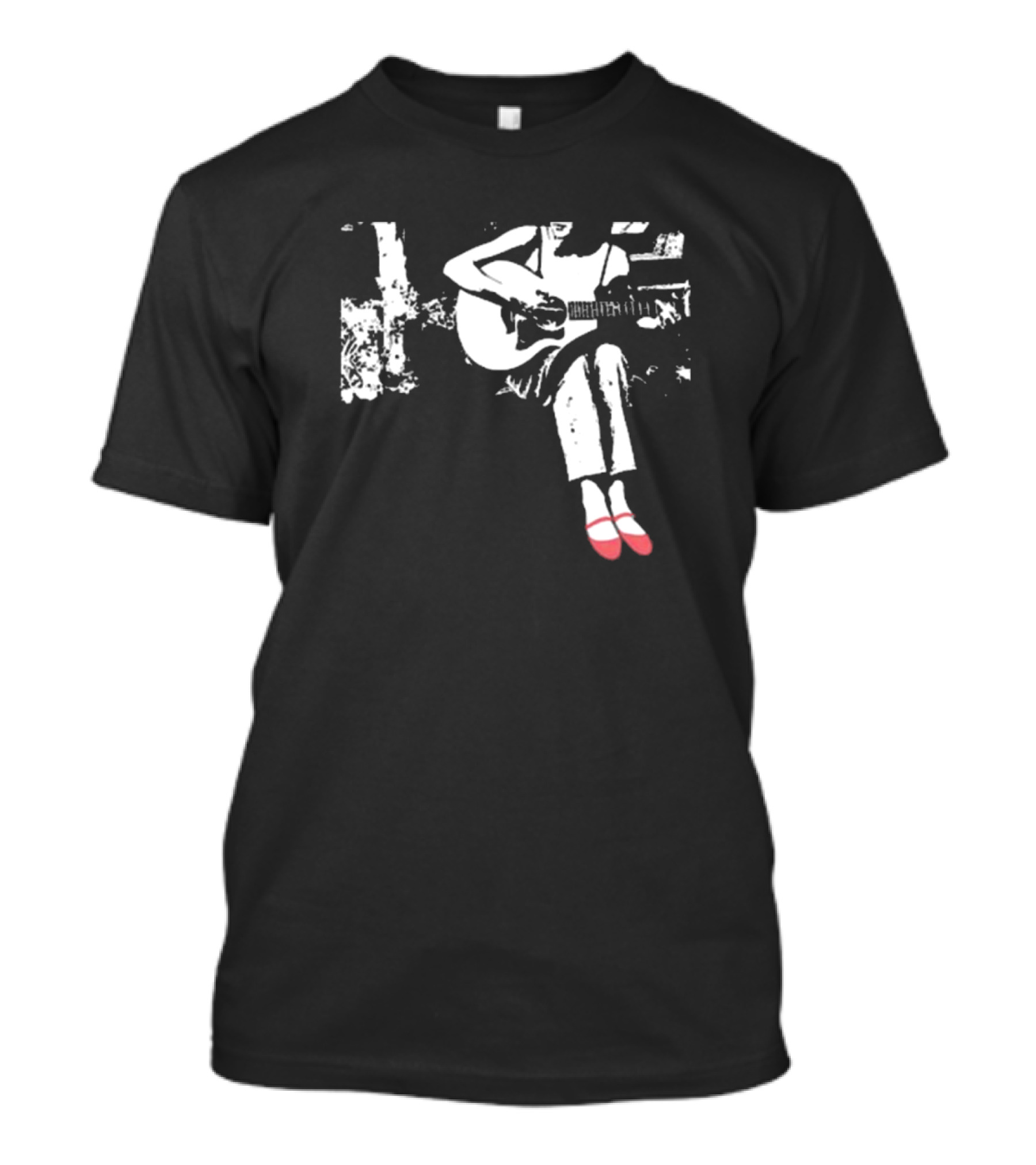 Devon Gabriella Playing Acoustic Guitar Black And White Contrast Red Shoes T-Shirt