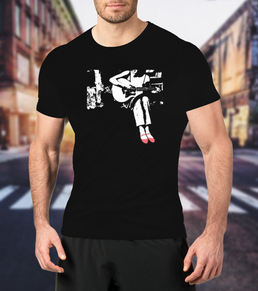 Devon Gabriella Playing Acoustic Guitar Black And White Contrast Red Shoes T-Shirt
