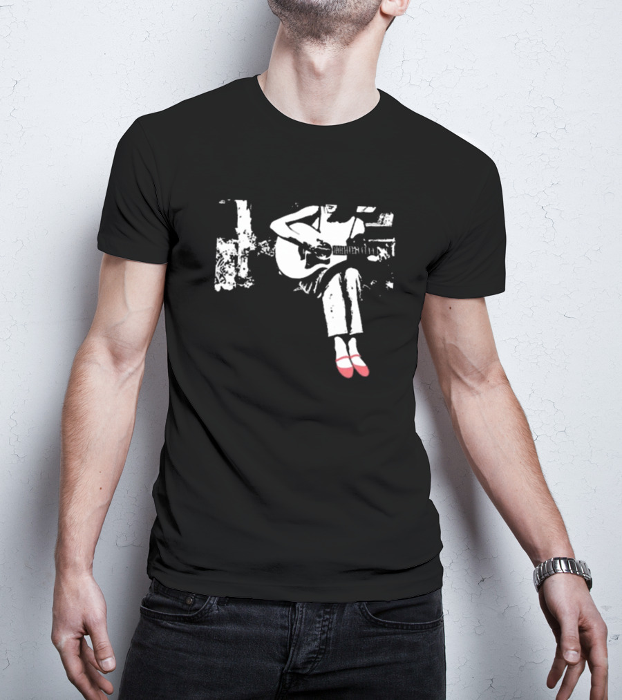 Devon Gabriella Playing Acoustic Guitar Black And White Contrast Red Shoes T-Shirt