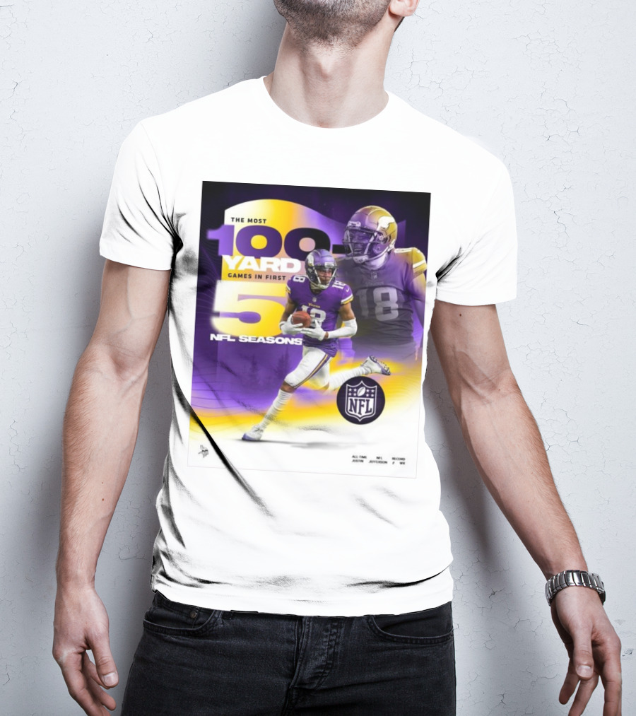 The Most 100 Yard Games In First 5 NFL Seasons Minnesota Vikings Justin Jefferson T-Shirt