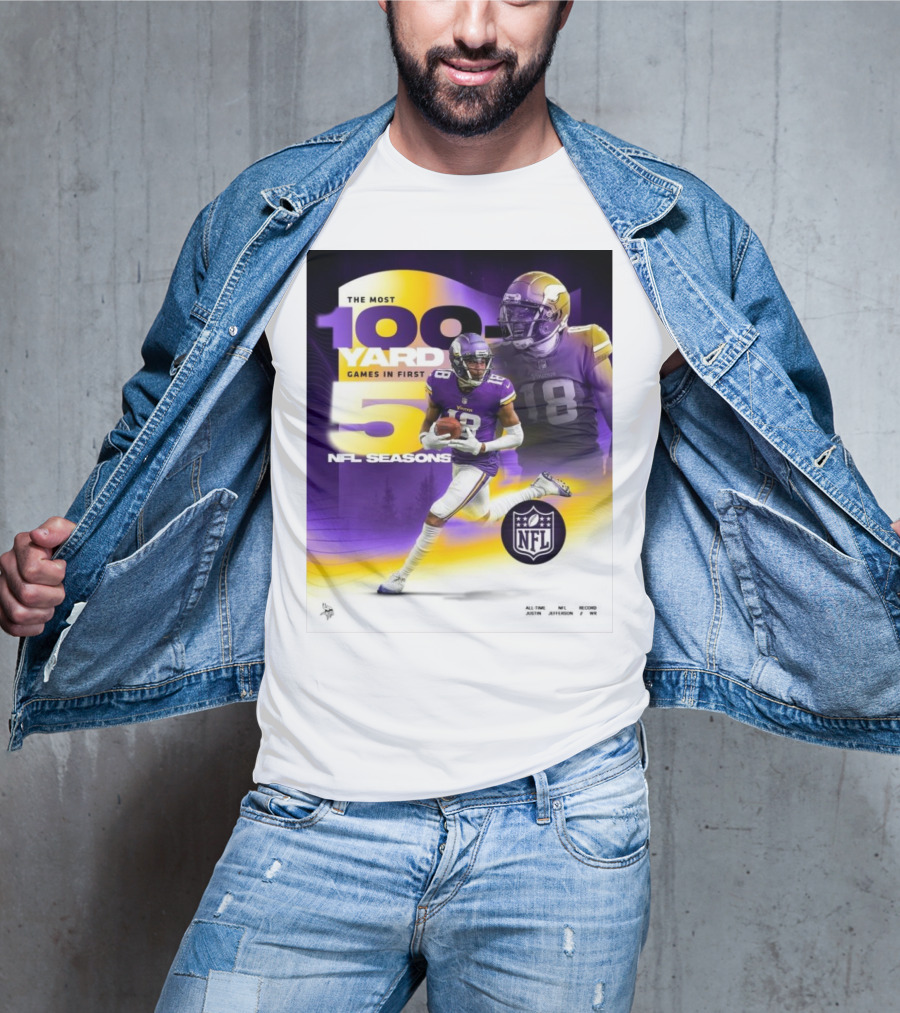 The Most 100 Yard Games In First 5 NFL Seasons Minnesota Vikings Justin Jefferson T-Shirt