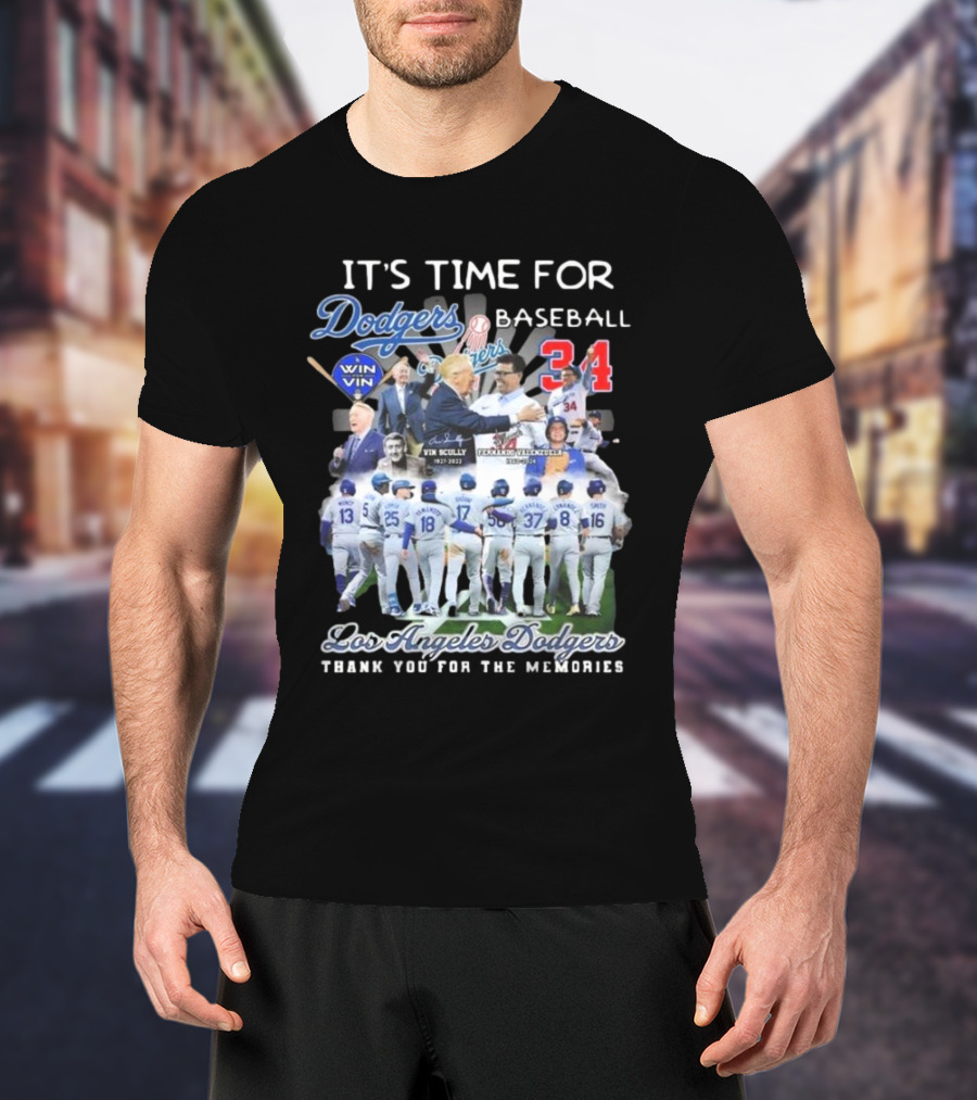 Los Angeles Dodgers It's Time For Baseball Thank You For The Memories Vin Scully 34 Signatures T-Shirt