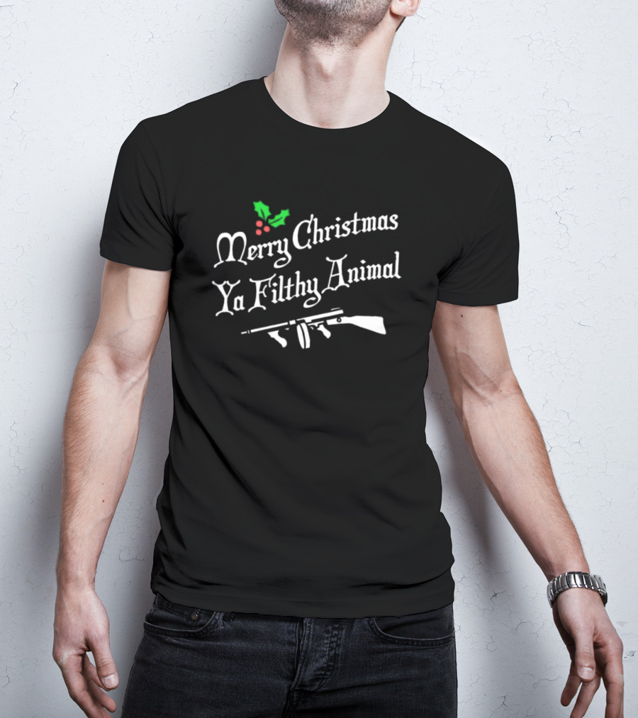 Merry Christmas Ya Filthy Animal Holly Leaves Machine Gun T-Shirt