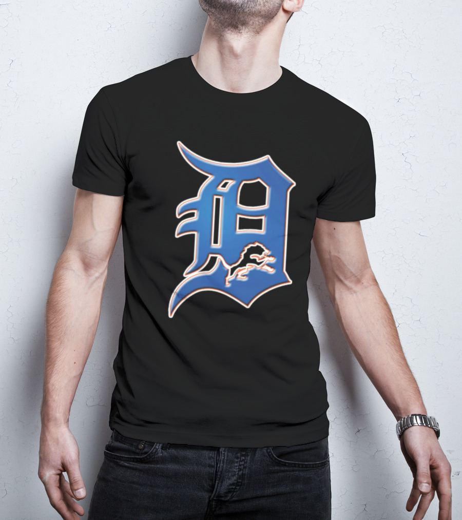 Detroit Lions Tigers Logo Mashup NFL MLB Blue D T-Shirt