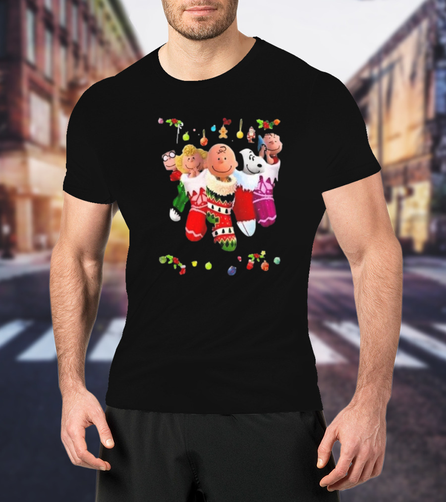 Peanuts Snoopy Charlie Brown Christmas Stockings Santa Claus Friends Holiday Cheer T-Shirt
