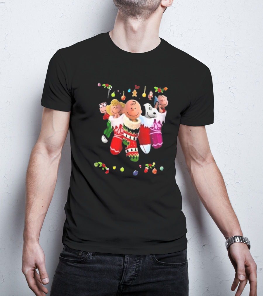 Peanuts Snoopy Charlie Brown Christmas Stockings Santa Claus Friends Holiday Cheer T-Shirt