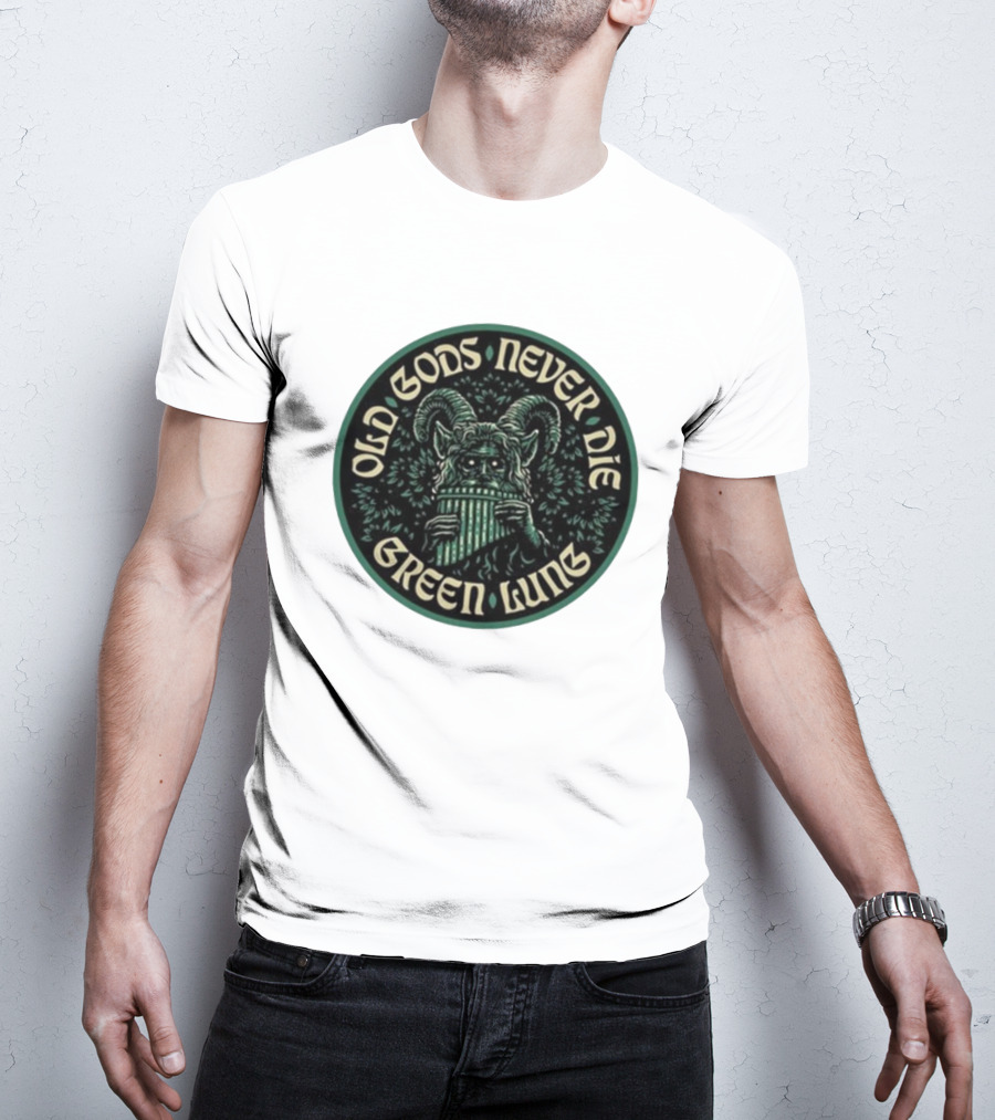 Green Lung Old Gods Never Die Pagan Horned Creature Playing Pan Flute T-Shirt