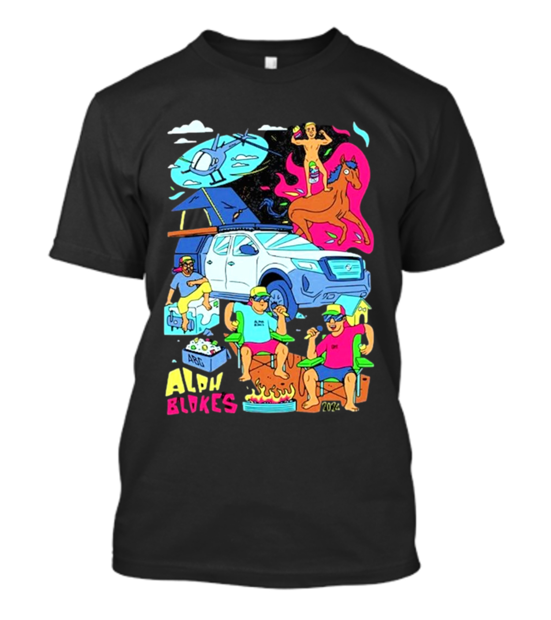 Alpha Blokes Podcast Cartoon Adventure Helicopter Beer Camping Fire T-Shirt
