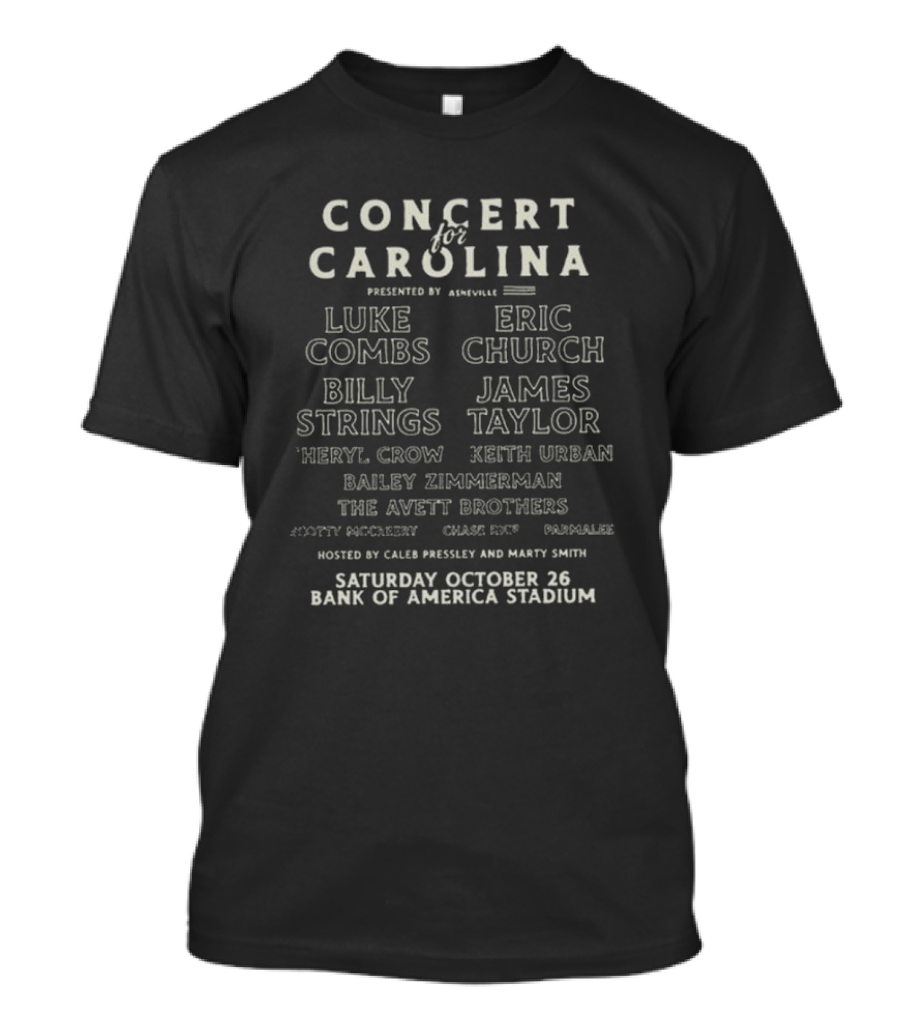 Concert For Carolina Charlotte NC Bank Of America Stadium October 26 Luke Combs Eric Church Billy Strings James Taylor Sheryl Crow Keith Urban The Avett Brothers T-Shirt