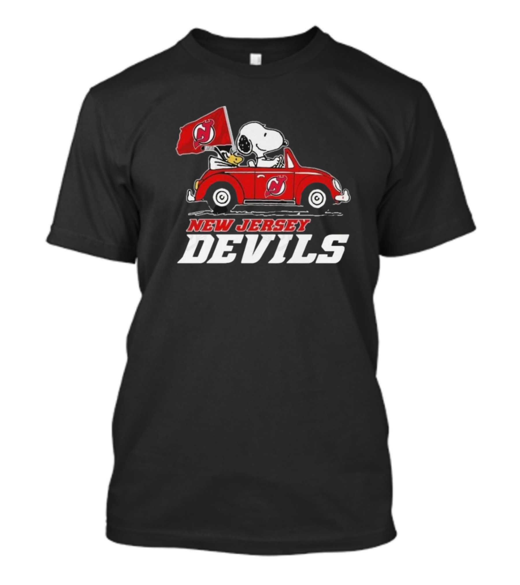 Snoopy And Woodstock Driving Car With New Jersey Devils Flag T-Shirt
