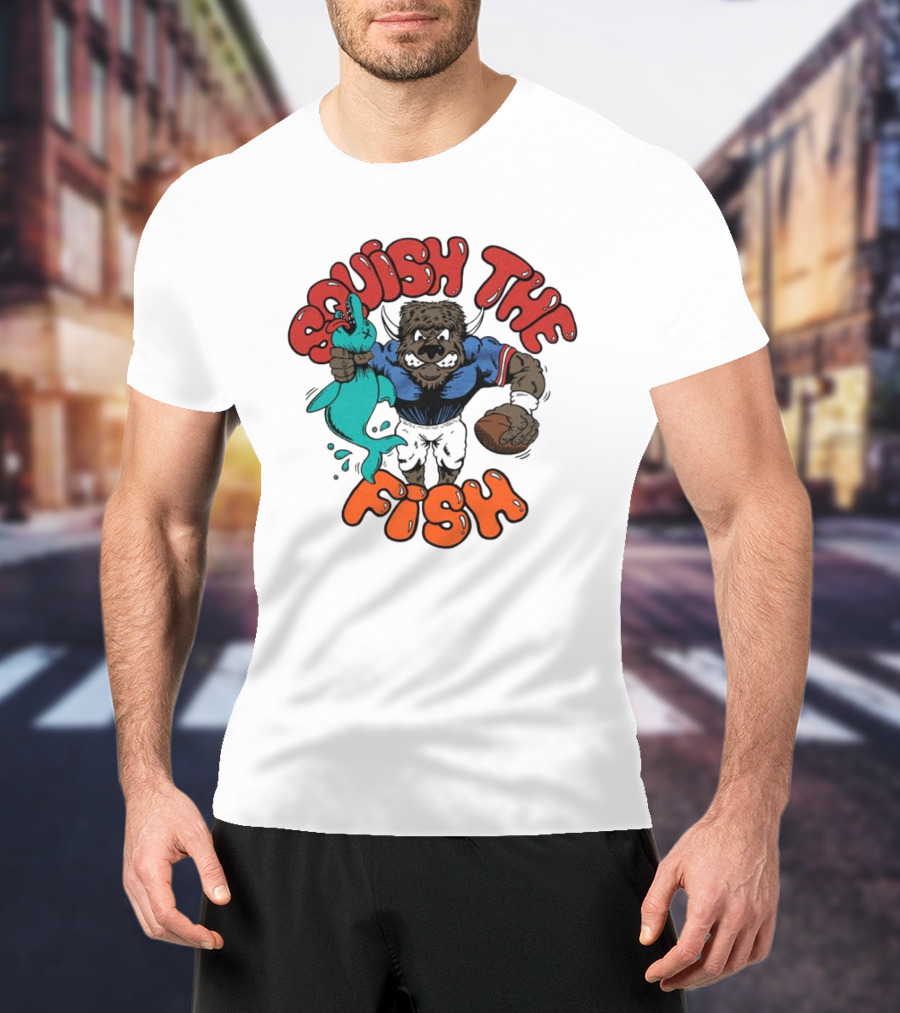 Buffalo Bills NFL Squish The Fish Vintage Rivalry Graphic Featuring Cartoon Football Player And Fish T-Shirt