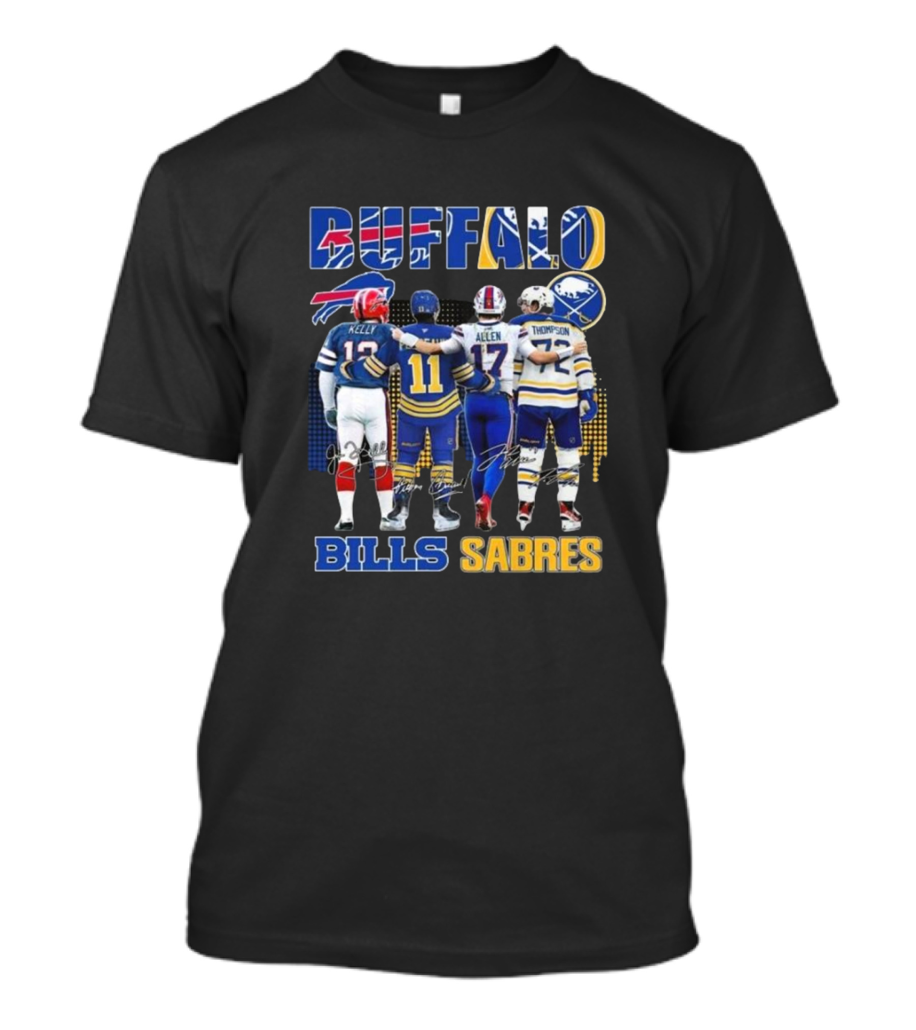 Buffalo Bills Sabres Josh Allen Jim Kelly Gilbert Perreault Tage Thompson Signatures T-Shirt