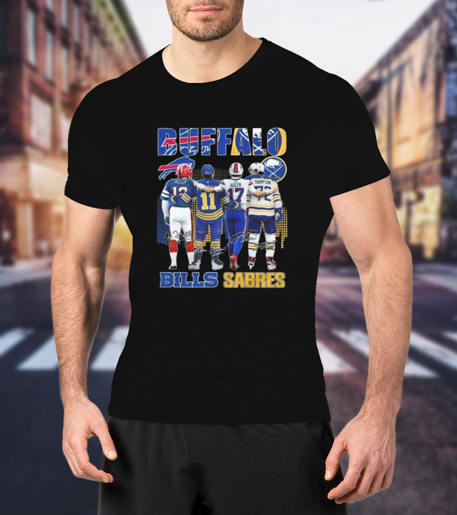 Buffalo Bills Sabres Josh Allen Jim Kelly Gilbert Perreault Tage Thompson Signatures T-Shirt