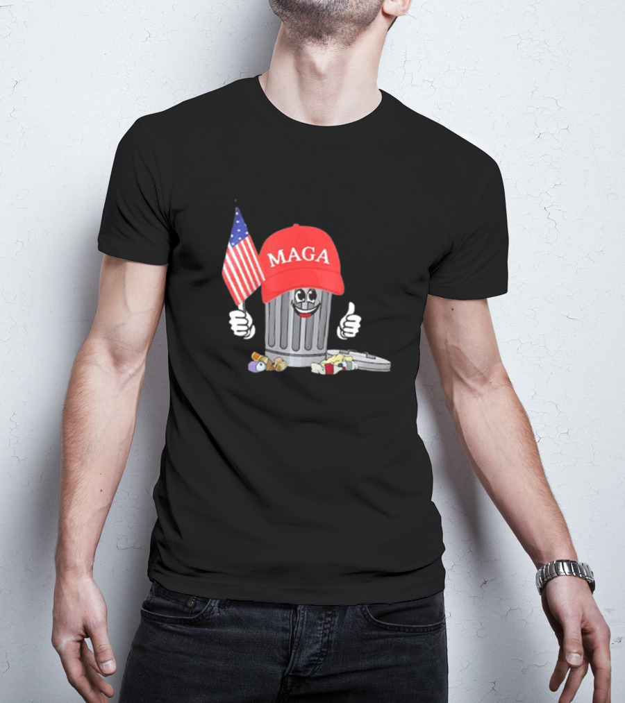 MAGA Hat Wearing Garbage Can Giving Thumbs Up Holding American Flag T-Shirt