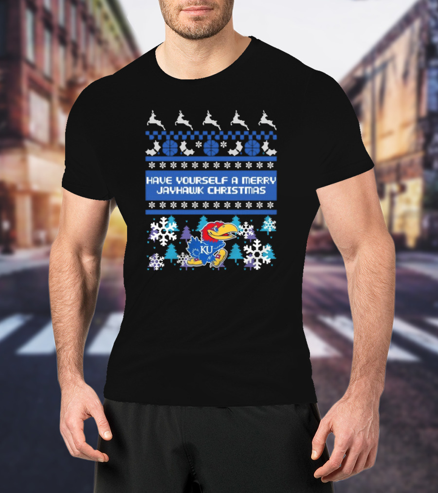 Kansas Jayhawk Have Yourself A Merry Jayhawk Christmas KU Snowflakes Basketball Reindeer T-Shirt